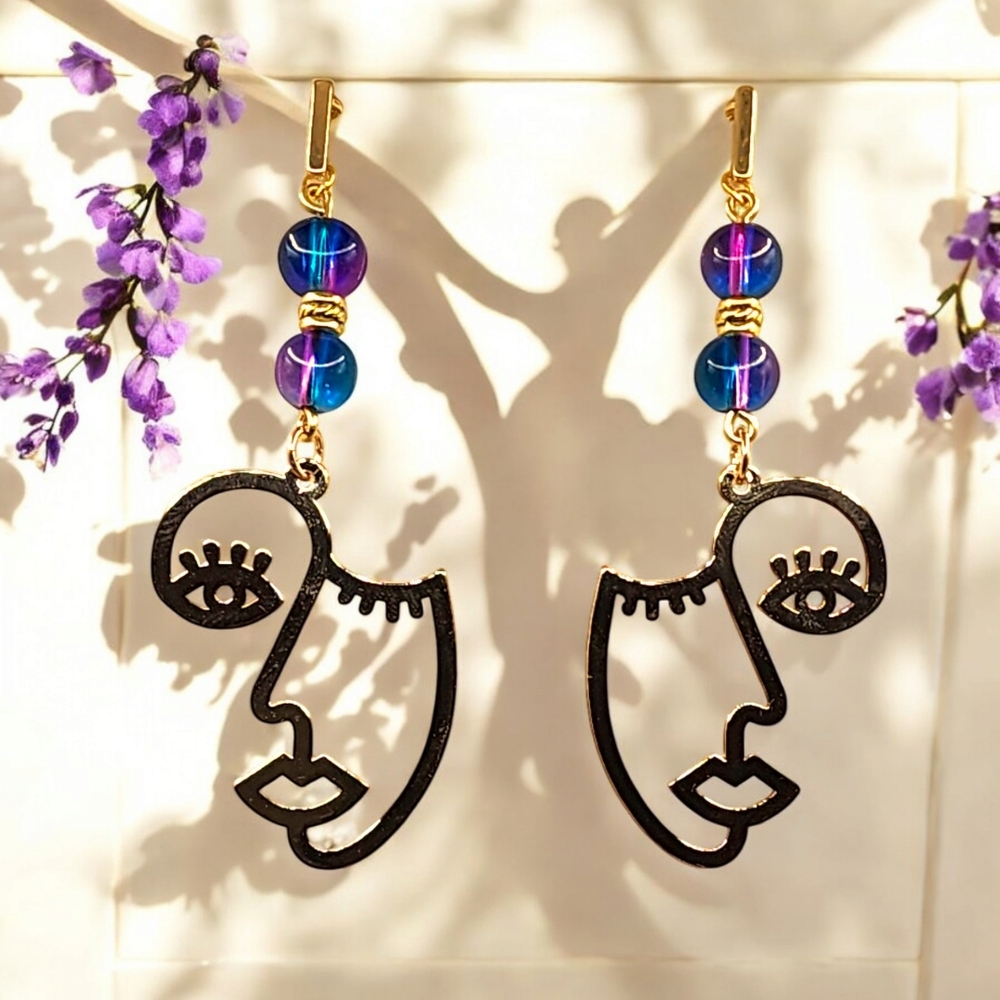 Handmade Abstract Face Drop Earrings Purple, Blue and Gold
